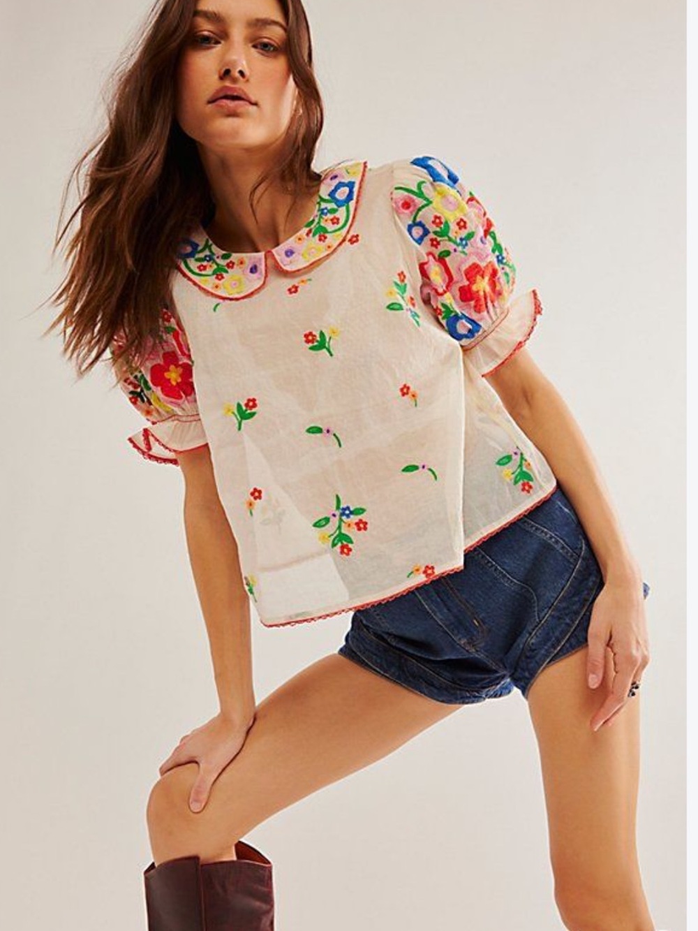 Free People Flowers of Love white embroidered puff-sleeve blouse XS
